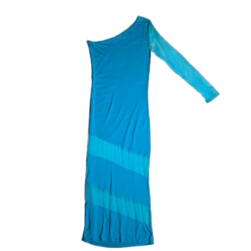 90s Blue Sheer Cutout Shimmery One Shoulder Futuristic Alien Dress